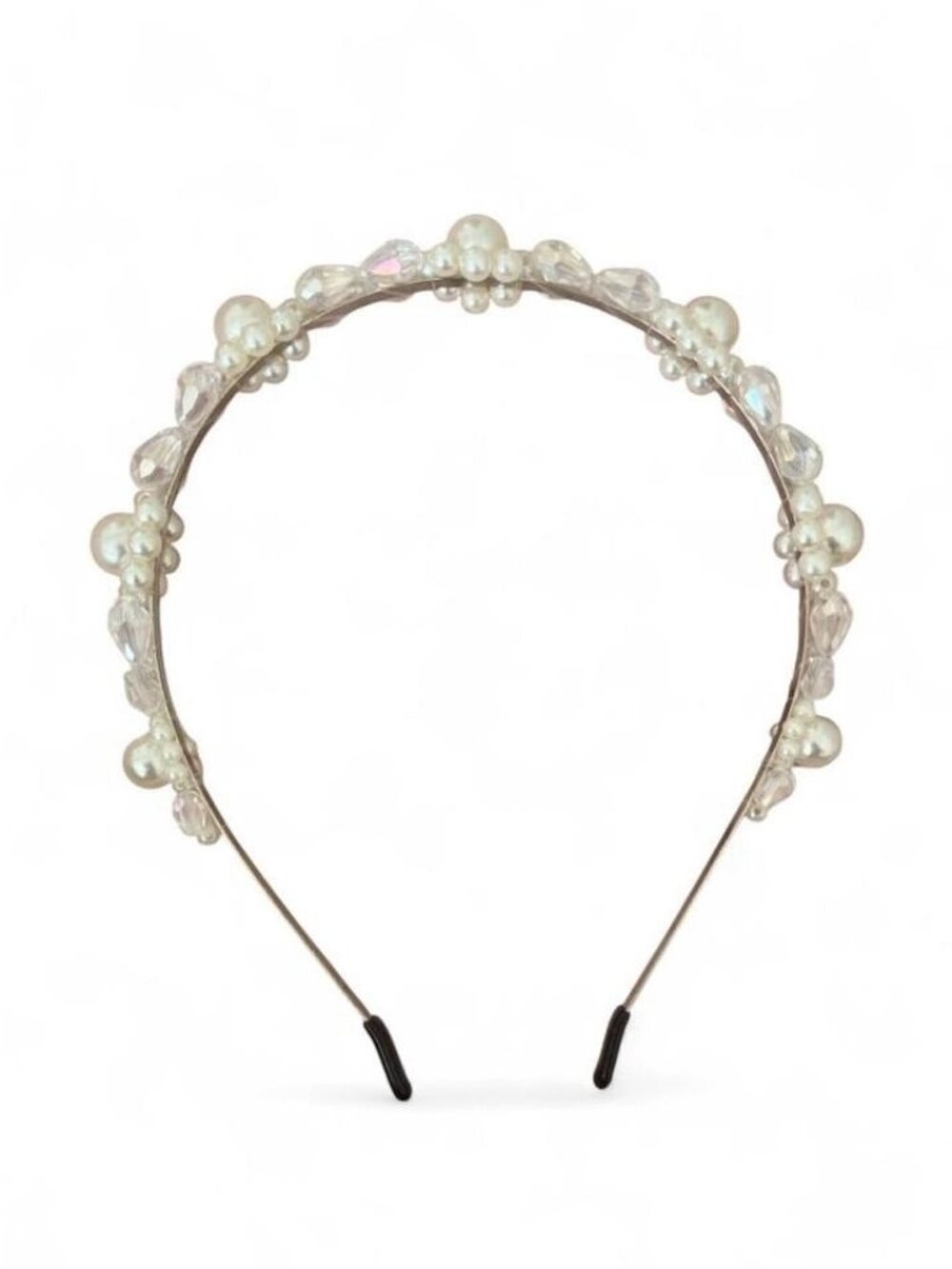 White Faux Pearl & Clear Beaded Metal Headband Silver Classic Wedding Party